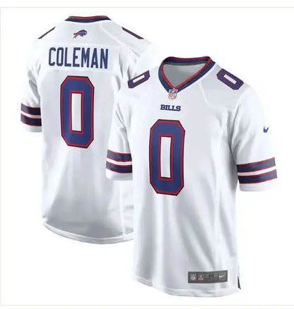 White Buffalo Bills football jersey with number 0, featuring Keon Coleman Nike Alternate design