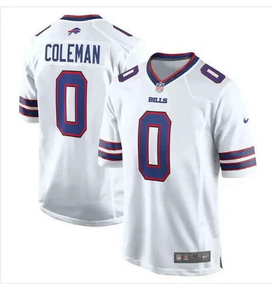 White Buffalo Bills football jersey with number 0, featuring Keon Coleman Nike Alternate design