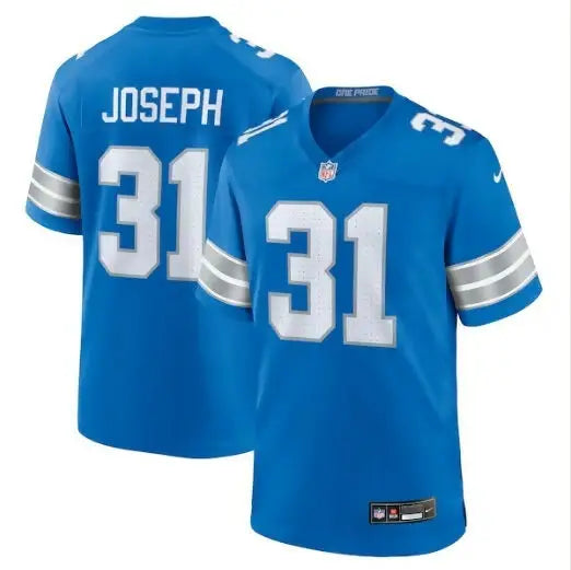 Blue Detroit Lions Kerby Joseph Nike jersey with white number 31 and silver arm stripes