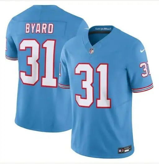 Light blue Kevin Byard Tennessee Titans Nike Vapor F.U.S.E. limited jersey with white BYARD and 31 text