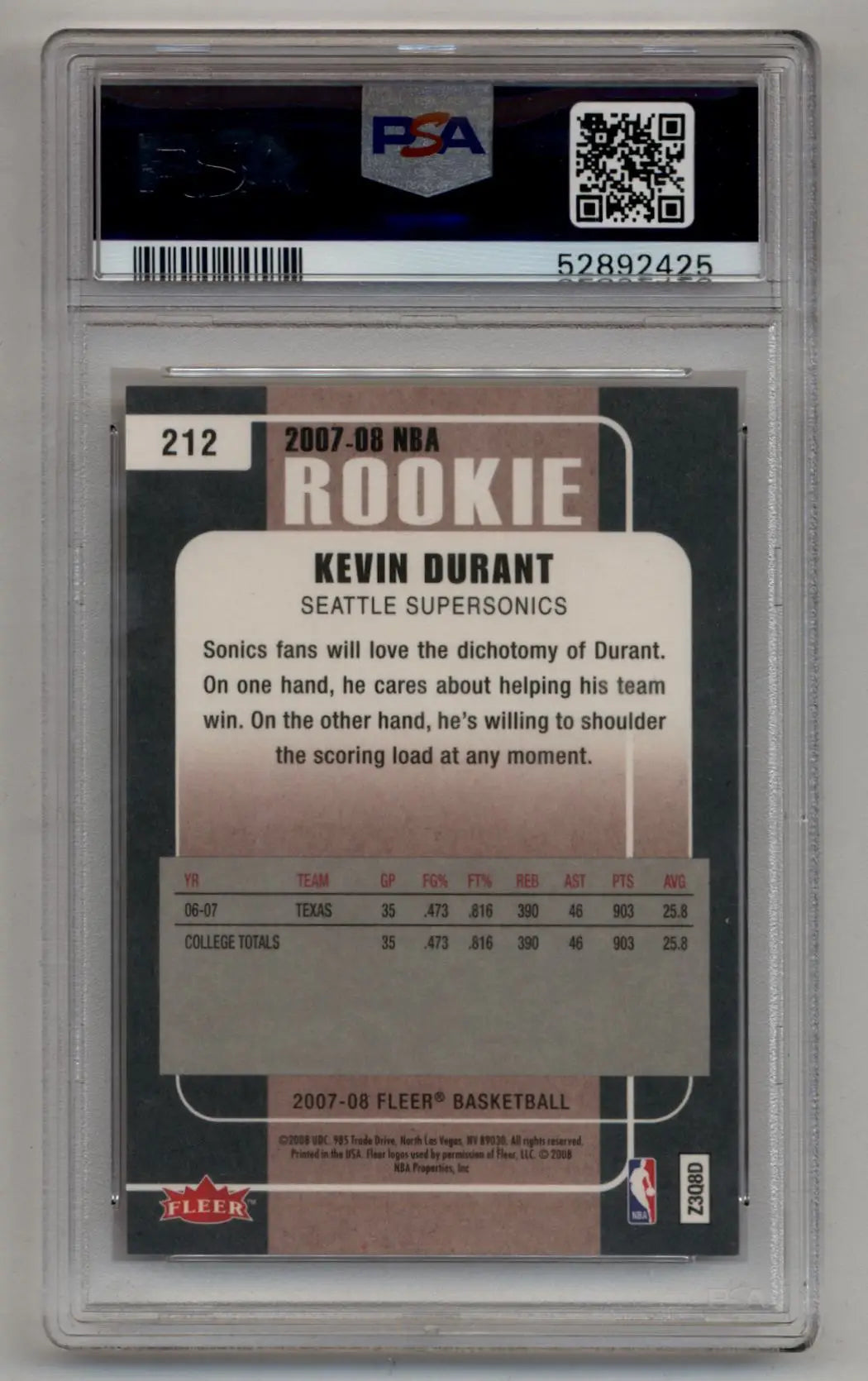 Kevin Durant 2007-08 Fleer Rookie #212 PSA 10 Gem Mint - Singles