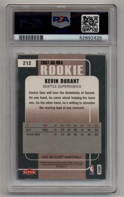 Kevin Durant 2007-08 Fleer Rookie #212 PSA 10 Gem Mint - Singles