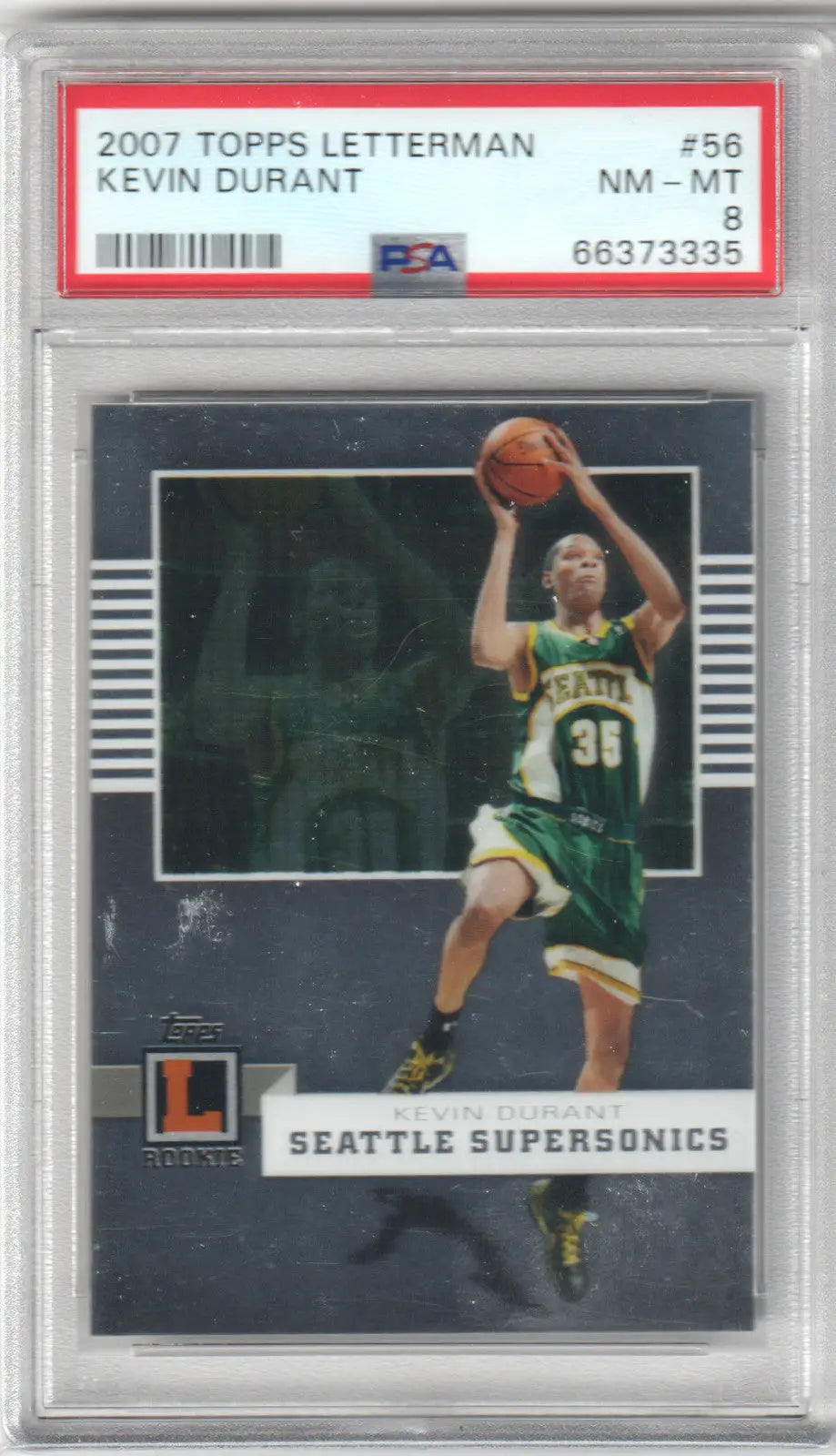 Graded Kevin Durant rookie card from 2007 Topps Letterman series displayed by Columbia Hobby