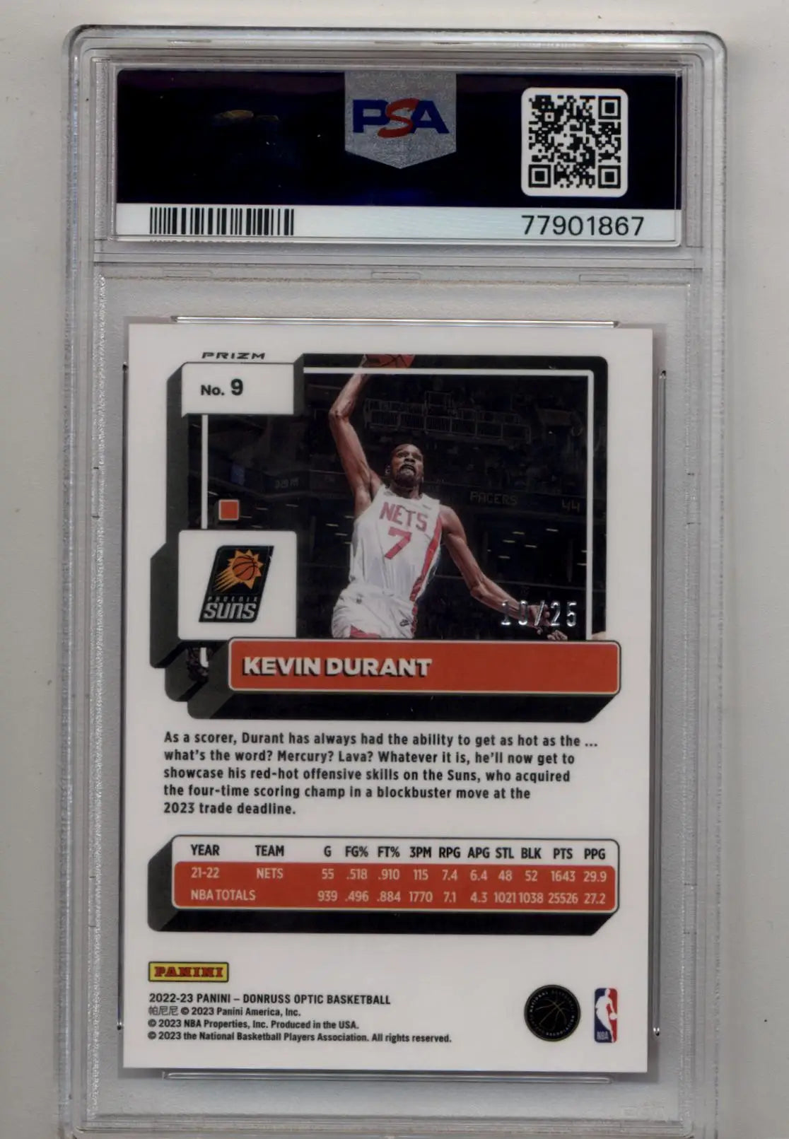 A graded Kevin Durant basketball card from Donruss Optic Fast Break Pink series