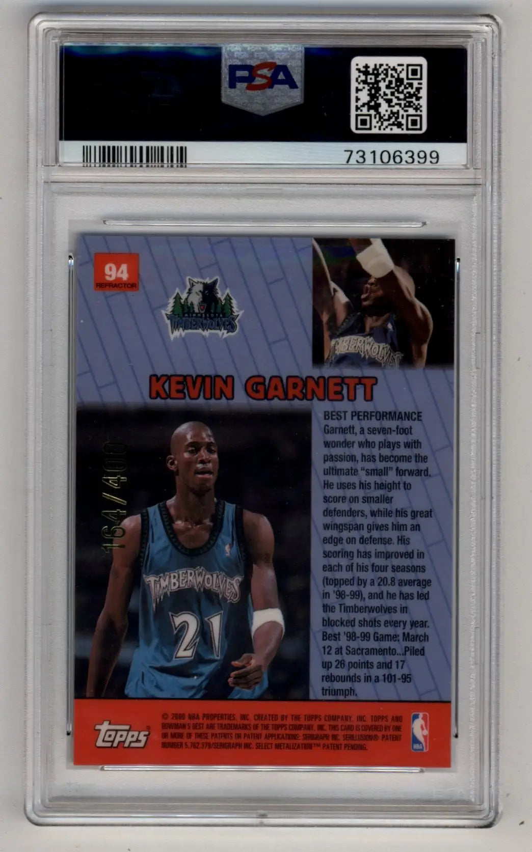 Kevin Garnett Bowman’s Best refractor trading card PSA 10 Gem Mint encapsulated