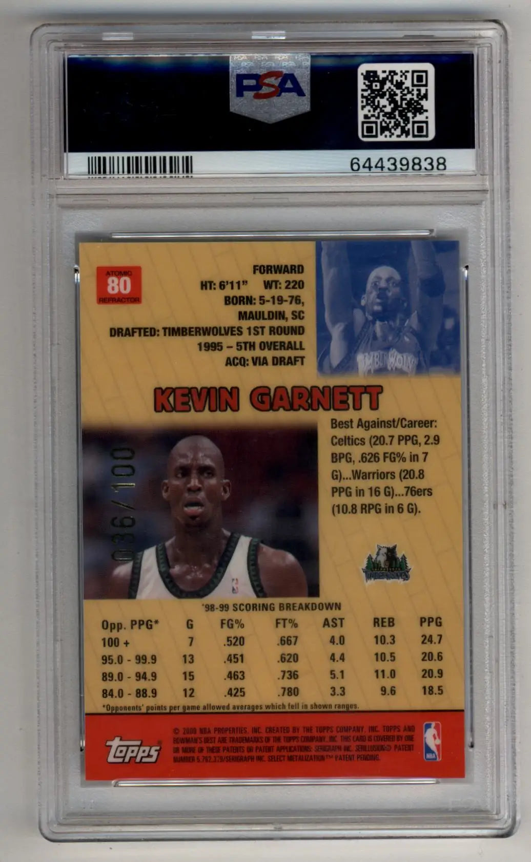 Graded Kevin Garnett basketball card featuring the best atomic refractor from 1999-00 Bowman’s Best