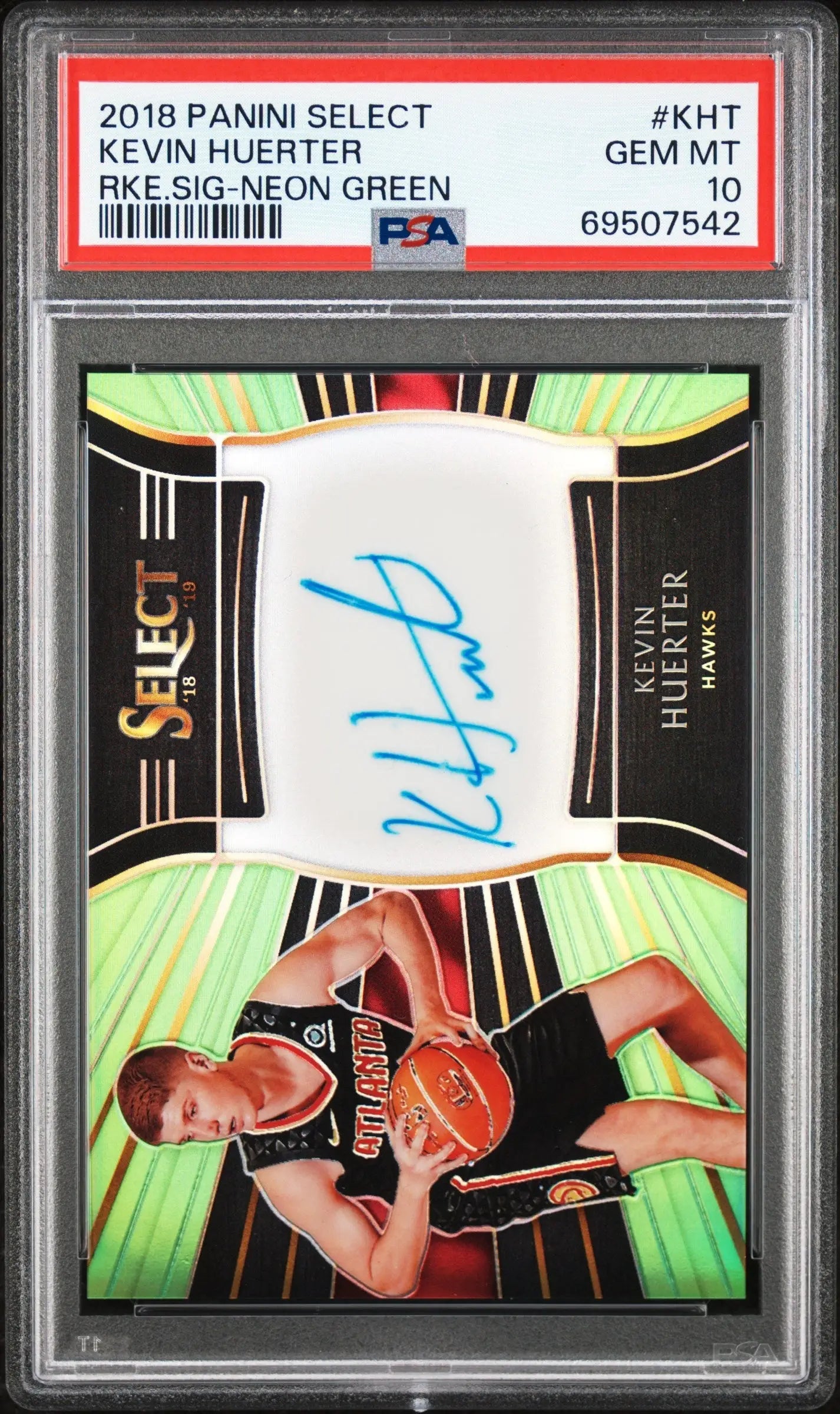 2018 Panini Select Kevin Huerter Neon Green Rookie Auto card in PSA 10 Gem Mint