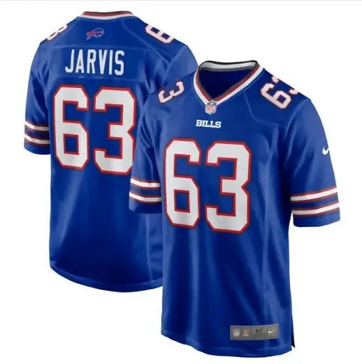 Blue Buffalo Bills Kevin Jarvis Nike Royal football jersey with number 63 on display