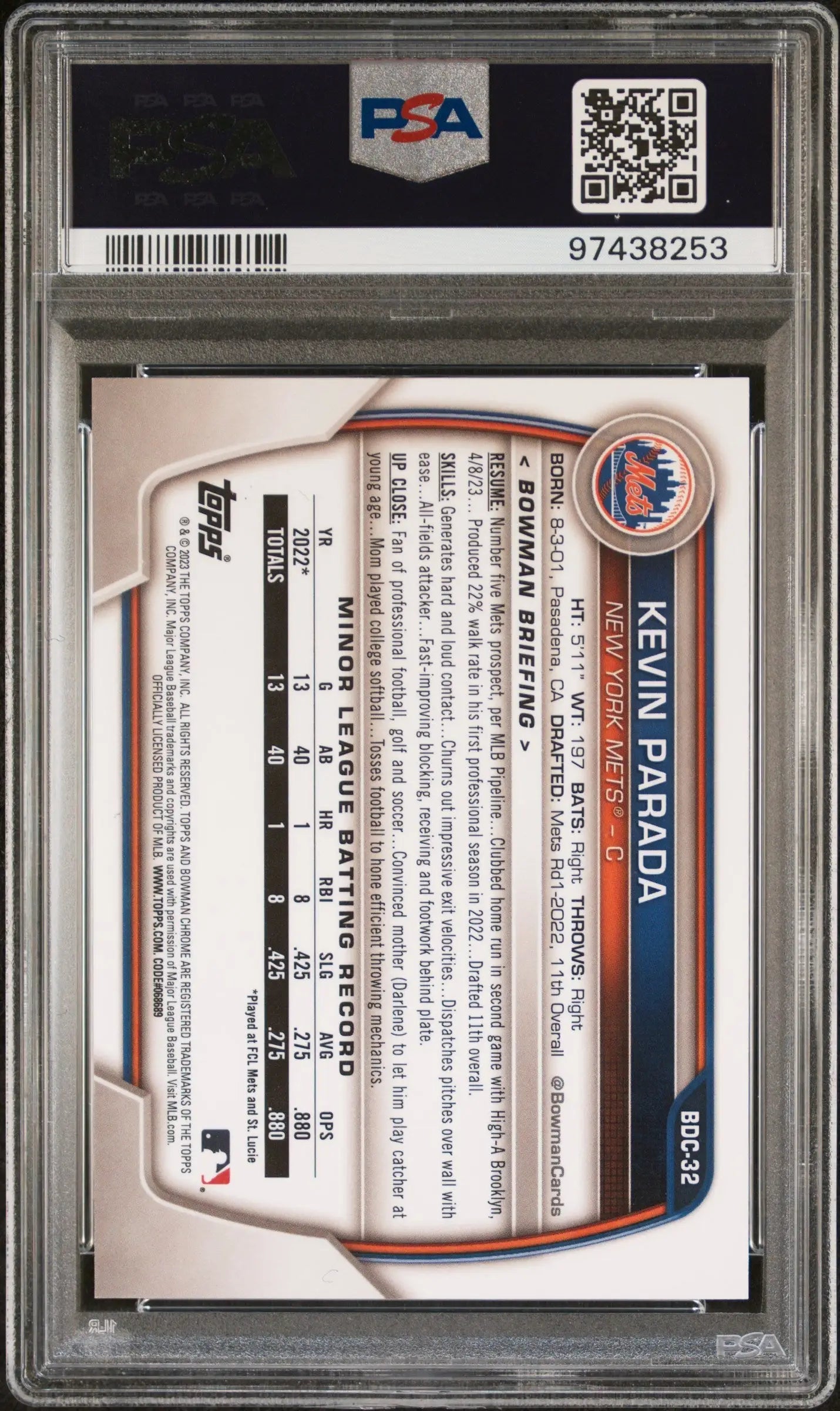 Encased Kevin Parada 2023 Bowman Chrome Draft Superfractor PSA 8 Nm-Mint card