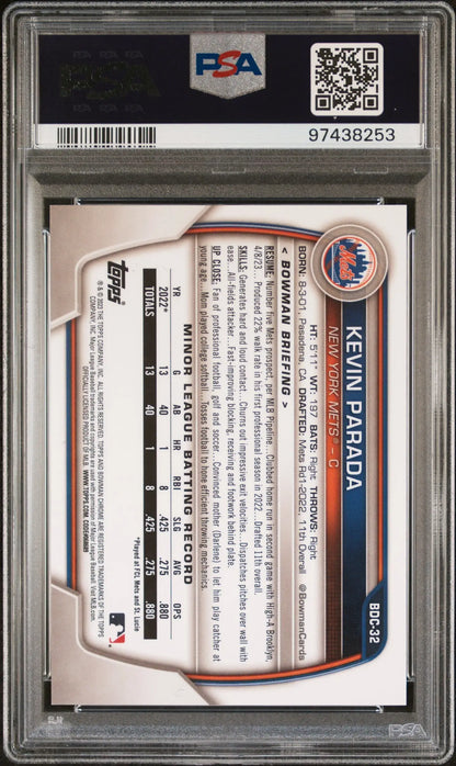 Encased Kevin Parada 2023 Bowman Chrome Draft Superfractor PSA 8 Nm-Mint card
