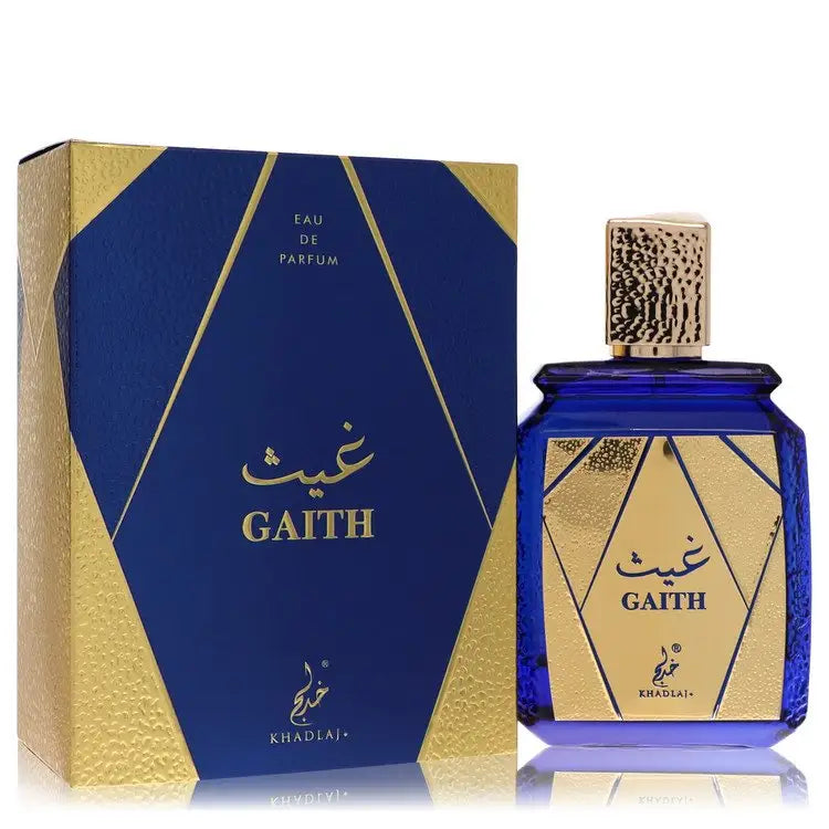 Khadlaj Gaith blue and gold perfume box and bottle for Unisex Eau De Parfum 3.4 oz
