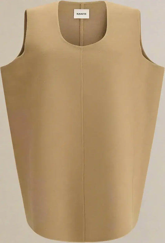 KHAITE beige Nyona wool dress featuring a sleeveless U-neck relaxed fit