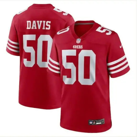 Red San Francisco 49ers NFL jersey with Davis and 50 in white for Khalil Davis Nike Game Jersey