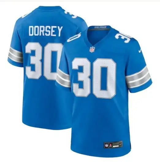 Blue NFL Khalil Dorsey Detroit Lions Nike Game Jersey with DORSEY and number 30