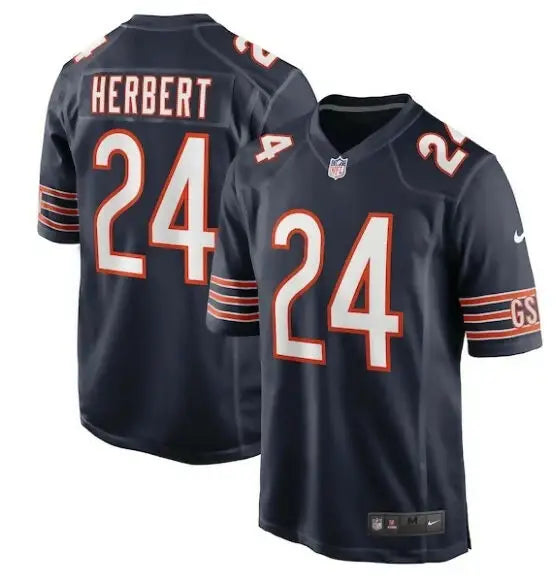 Dark blue Khalil Herbert Chicago Bears Nike Game Jersey with HERBERT and 24 in white and orange
