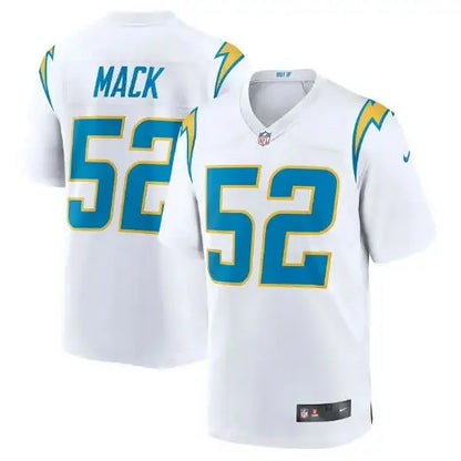 White Khalil Mack Los Angeles Chargers NFL jersey featuring number 52 for fans