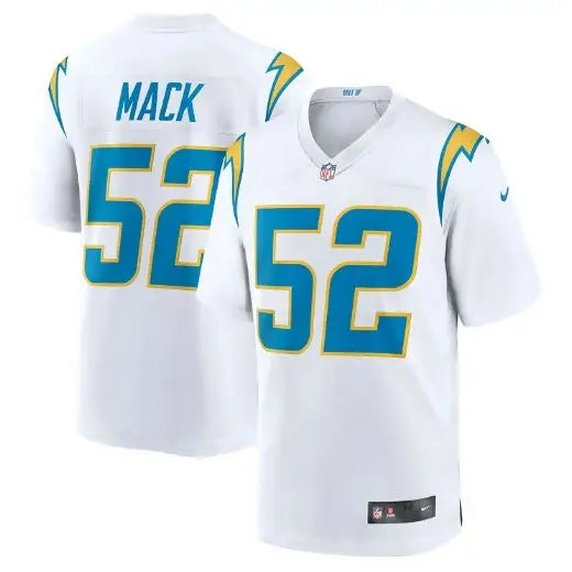 White Khalil Mack Los Angeles Chargers NFL jersey featuring number 52 for fans