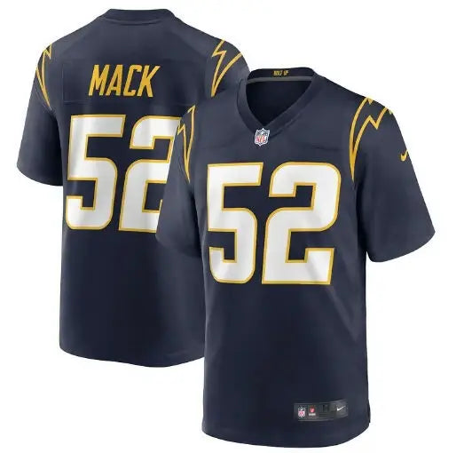 Dark blue Los Angeles Chargers Khalil Mack football jersey with gold and white lettering