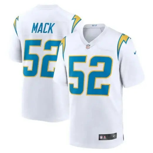 White Los Angeles Chargers Khalil Mack Nike Game Jersey with teal MACK 52 and gold trim