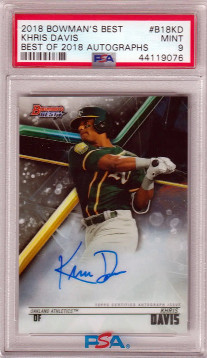Graded Khris Davis autographed baseball card from Bowman’s Best featuring Columbia Hobby logo