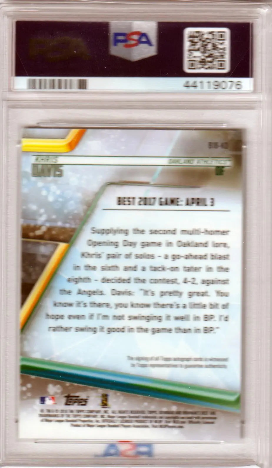 Graded KHRIS DAVIS 2018 Bowman’s Best baseball card displayed by Columbia Hobby