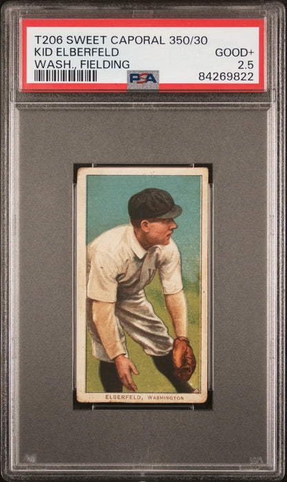 PSA-graded T206 Sweet Caporal card of Kid Elberfeld in white uniform and dark cap