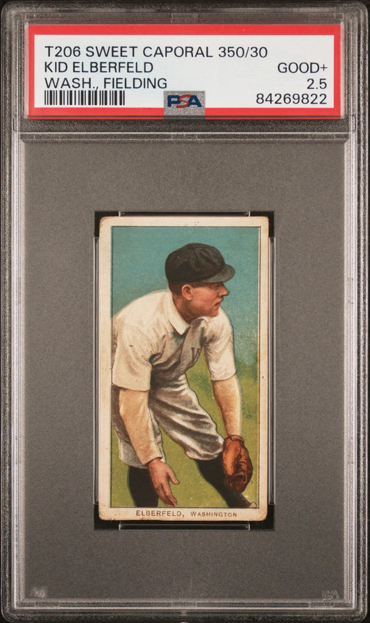 PSA-graded T206 Sweet Caporal card of Kid Elberfeld in white uniform and dark cap