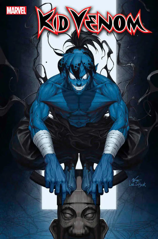 Menacing blue symbiote on stone head in Kid Venom #1 Inhyuk Lee Variant comic cover