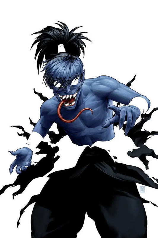 Menacing blue-skinned Kid Venom anime character in dark shadows on trading cards