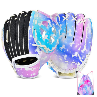 Kids baseball glove with unicorn design and matching drawstring bag for training