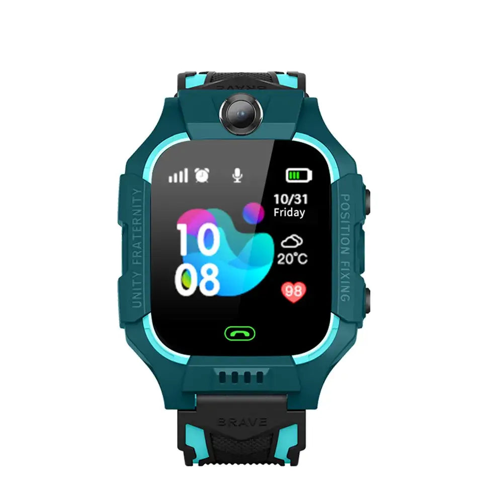 Teal and black kids smart watch Q19 with digital display showing time, date, weather, and heart rate