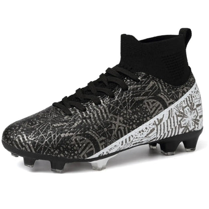 Black and silver soccer shoes suitable for boys, girls, and youth football and soccer training
