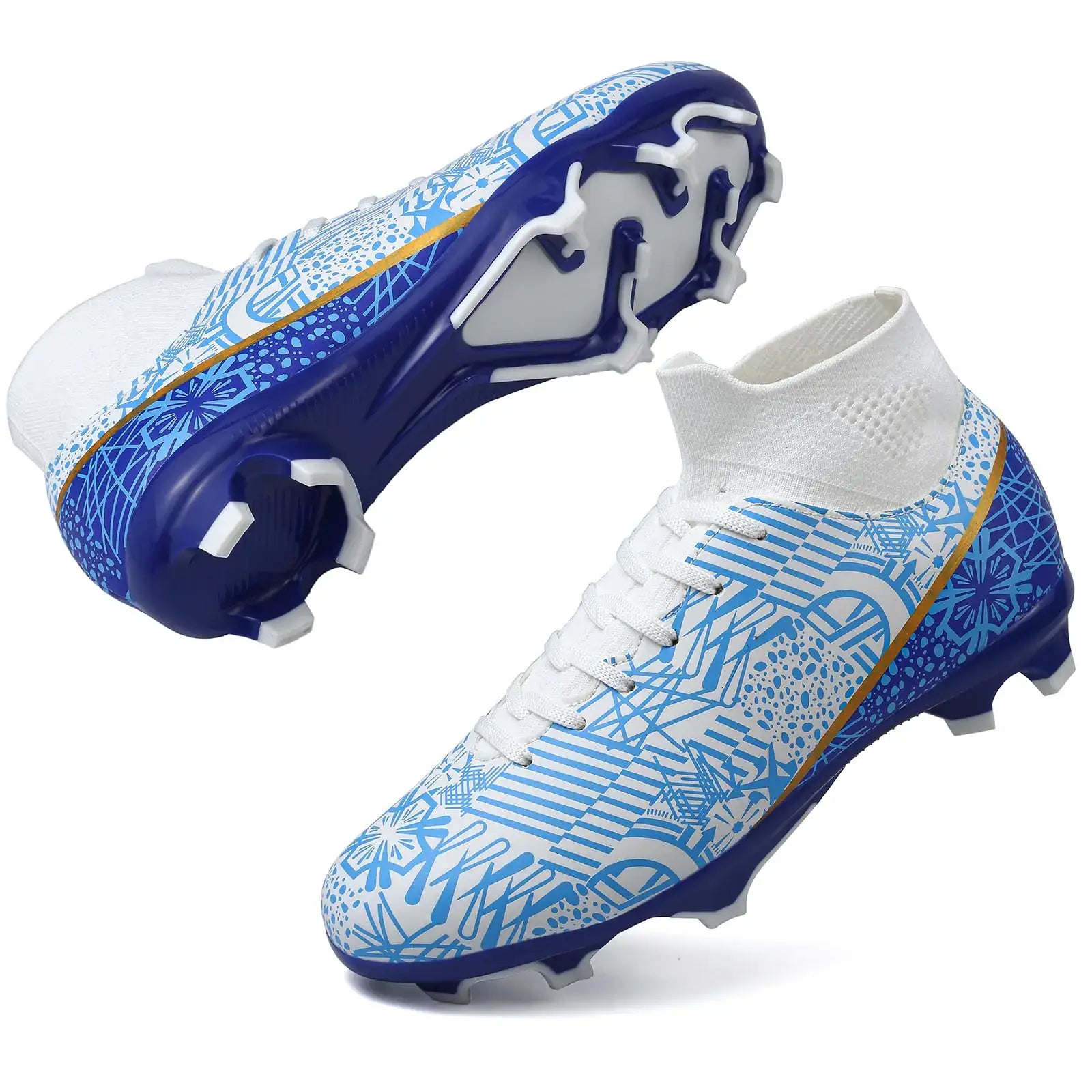 Blue and white kids soccer cleats for artificial turf training football boots indoor play