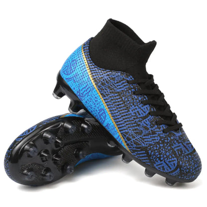 Blue and black kids soccer shoes suitable for football, indoor, outdoor, and baseball