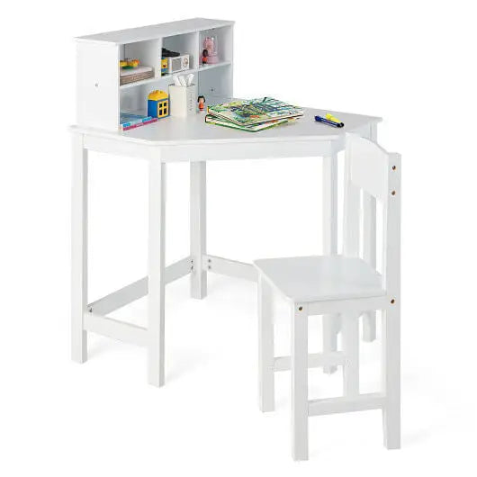 Kids Wooden Corner Desk and Chair Set with Hutch and Storage-White - Color:White - Desk Set