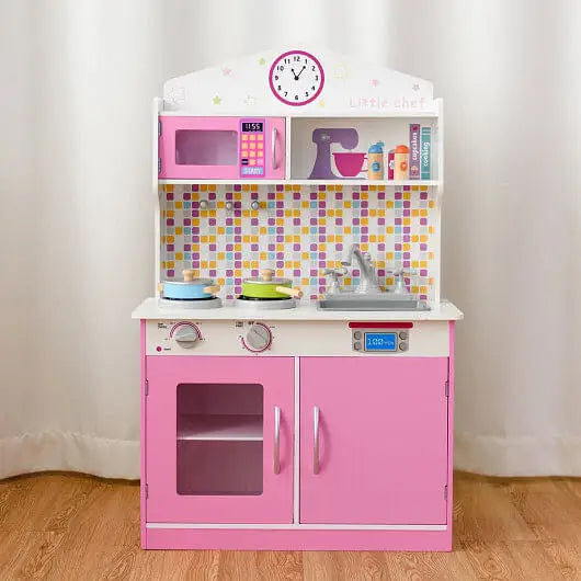 Kids Wooden Pretend Cooking Playset Cookware Play Set Kitchen Toys Toddler Gift-Pink - Play Kitchen Sets