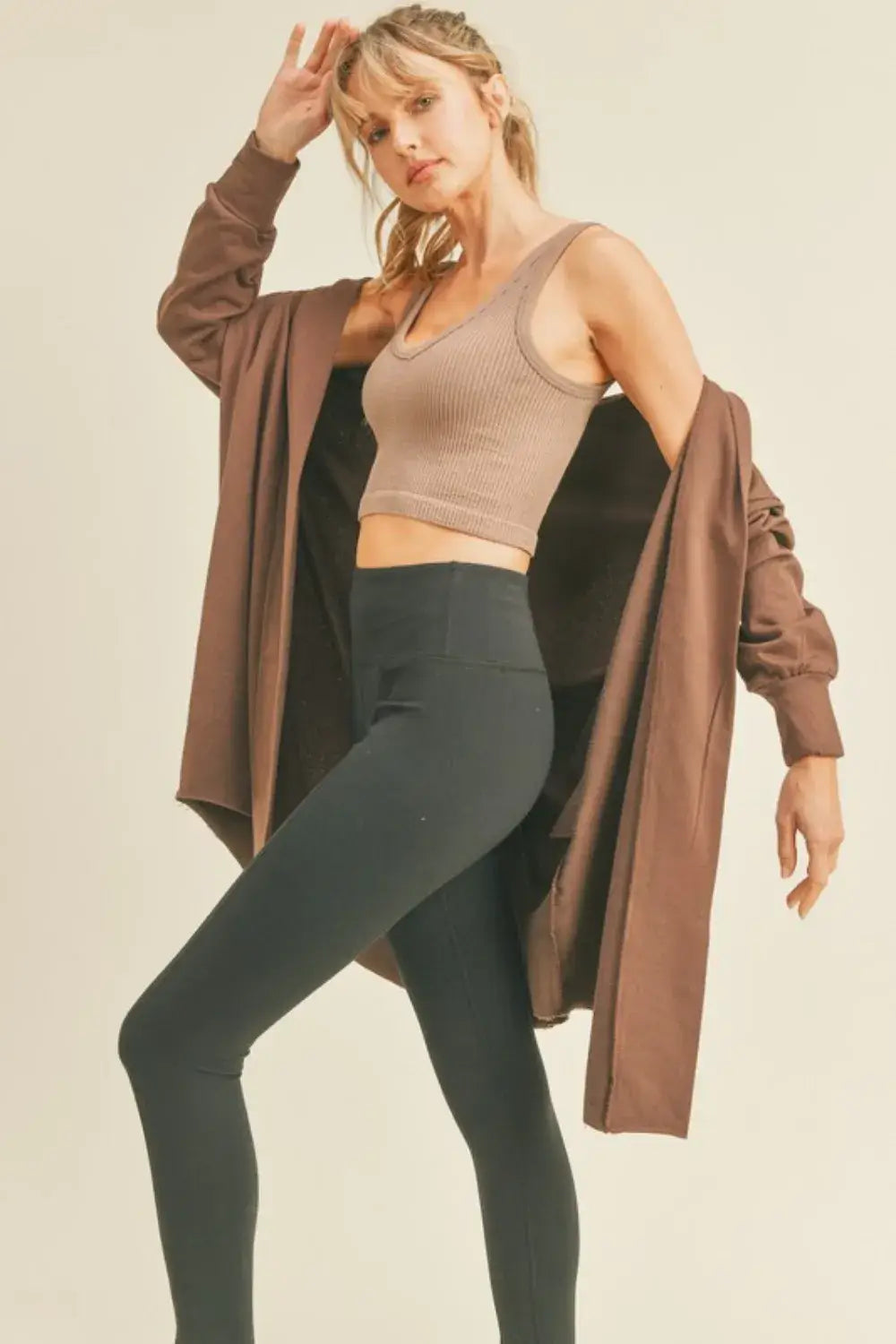 Brown Kimberly C Open Longline Hooded Cardigan with ribbed texture and open front