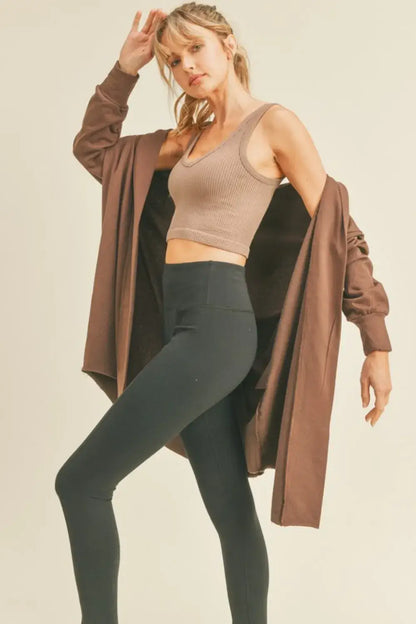 Brown Kimberly C Open Longline Hooded Cardigan with ribbed texture and open front