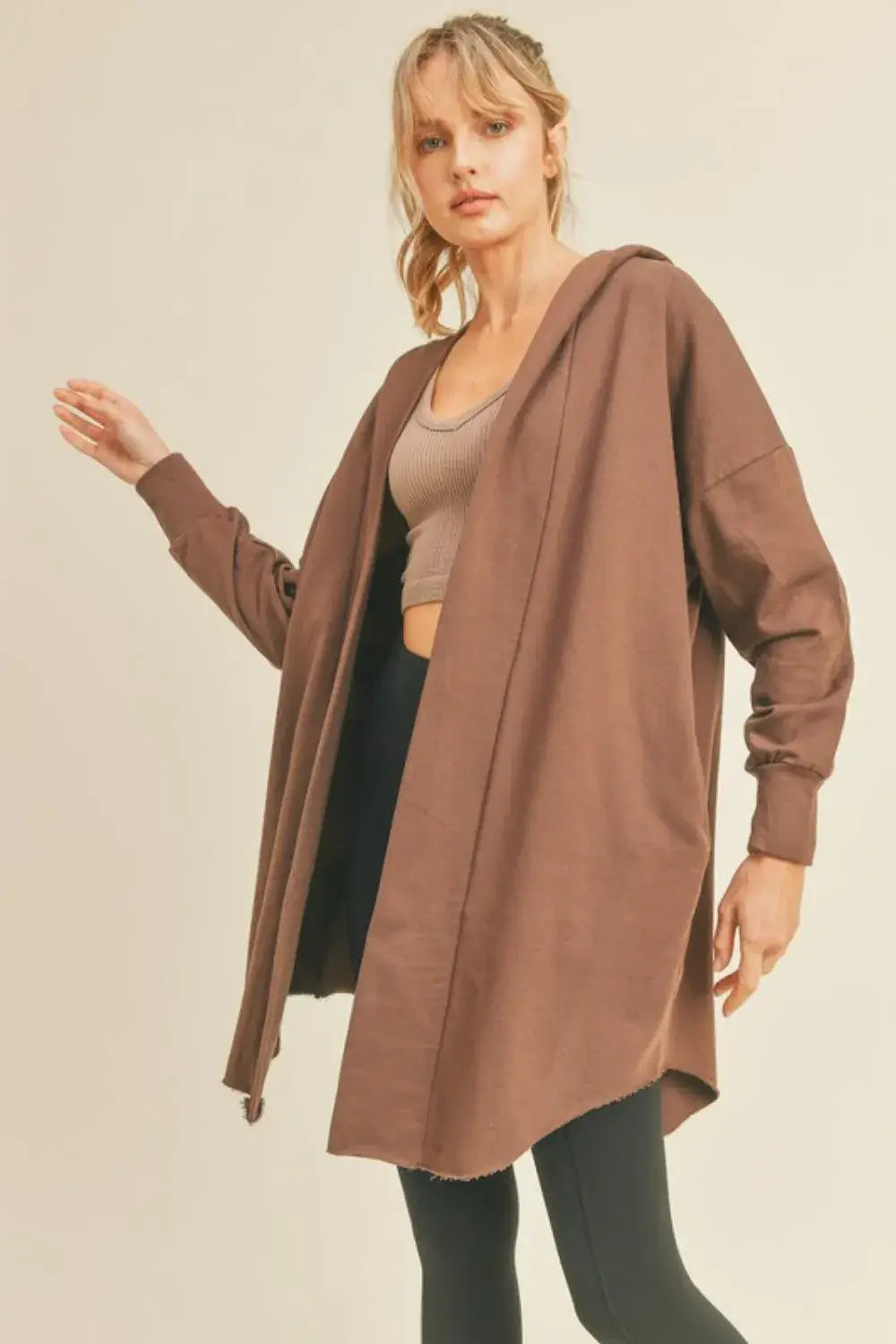 Brown oversized Kimberly C Open longline hooded cardigan with pockets and hoodie