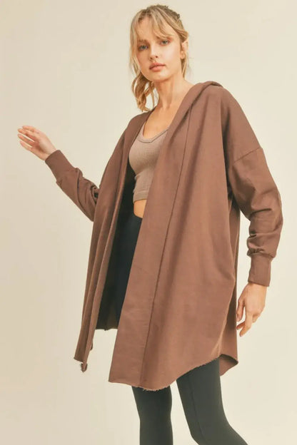 Brown oversized Kimberly C Open longline hooded cardigan with pockets and hoodie