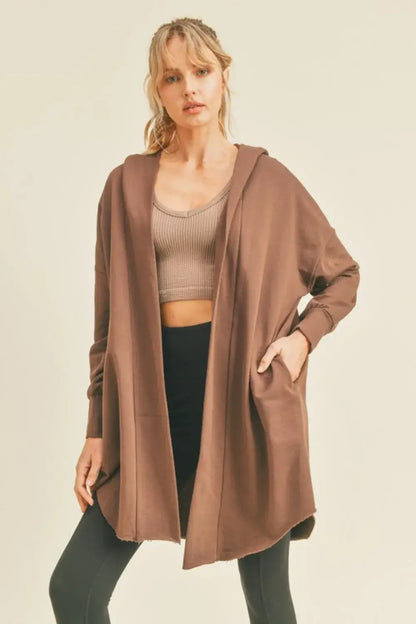 Brown Kimberly C Open longline hooded cardigan with pockets and soft fabric