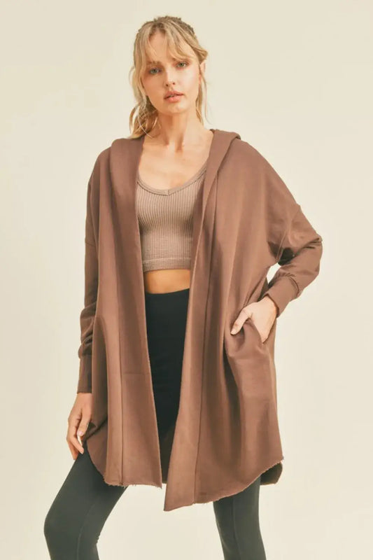 Brown Kimberly C Open longline hooded cardigan with pockets and soft fabric