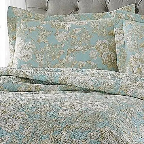 King size 3-Piece Reversible Cotton Quilt Set with Seafoam Blue Beige Floral Pattern - Quilt Set