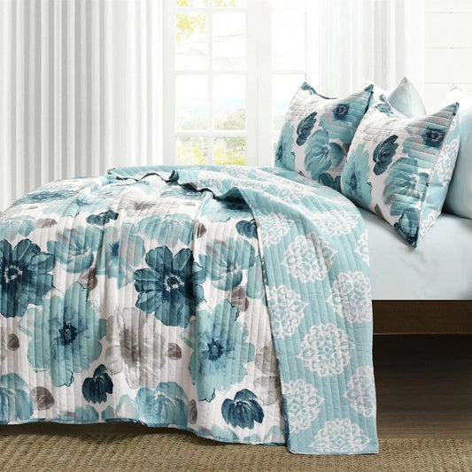King size Blue Grey Flowers Lightweight Polyester Microfiber Quilt Set - Quilt Set