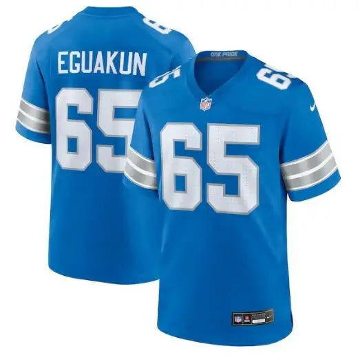 Blue and white Kingsley Eguakun Detroit Lions Nike Game Jersey with number 65