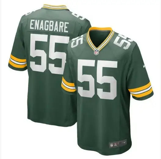 Dark green Kingsley Enagbare Packers Nike football jersey with white numbers and gold stripes
