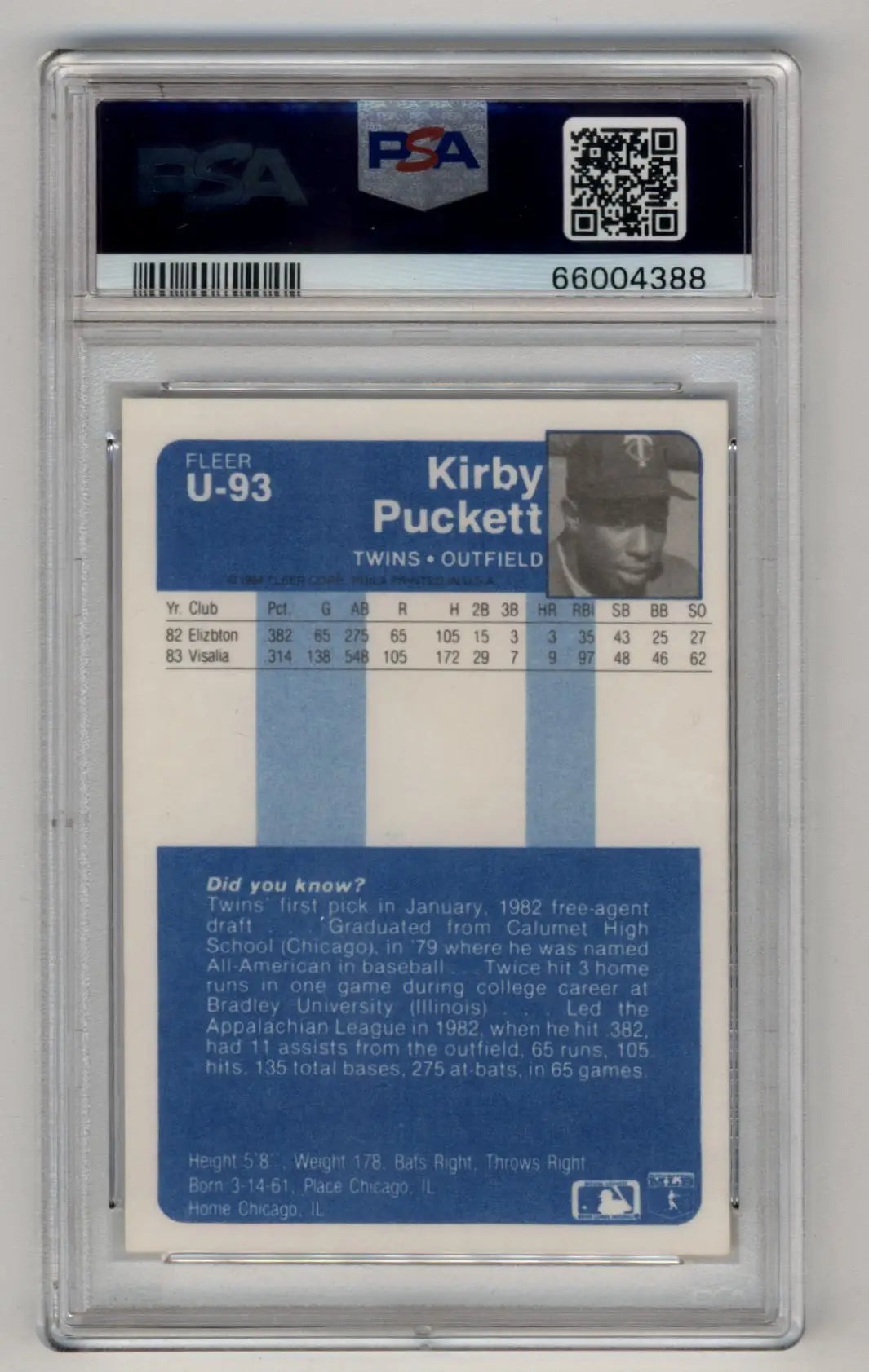 Graded Kirby Puckett 1985 Fleer Rookie Card with PSA DNA Authentic Auto
