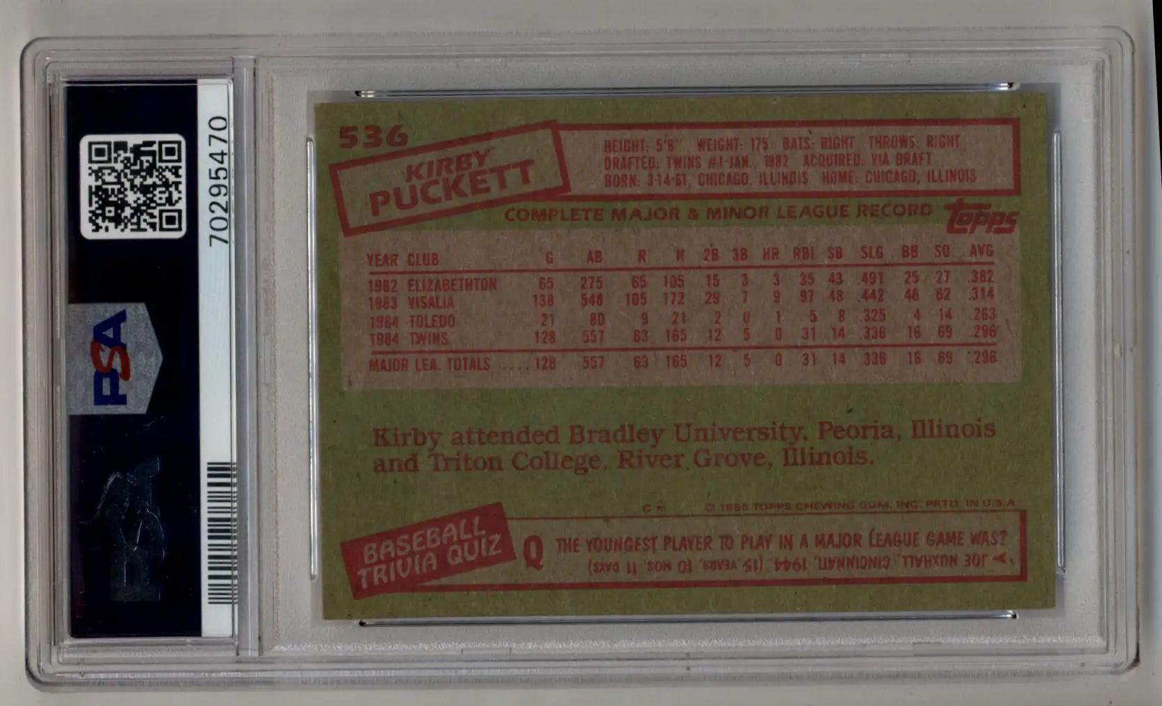 Vintage Kirby Puckett 1985 Topps Rookie card in protective holder with QR code