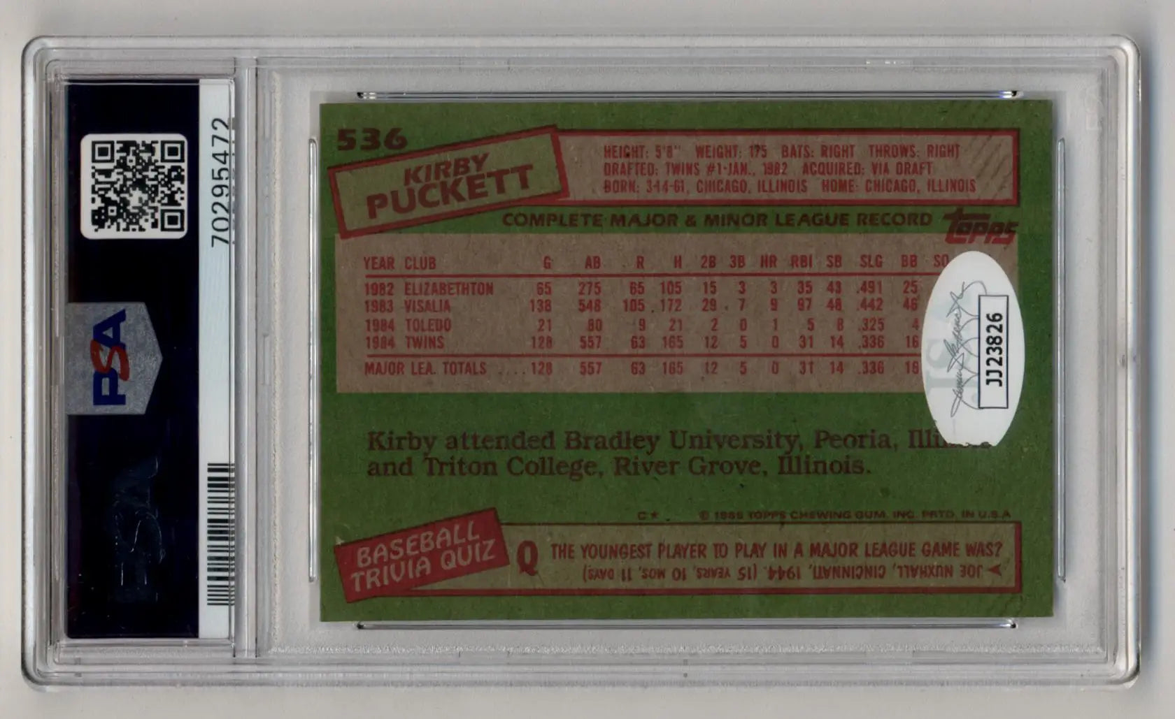 Graded Kirby Puckett 1985 Topps Rookie card with certified auto and PSA 8.5 grade