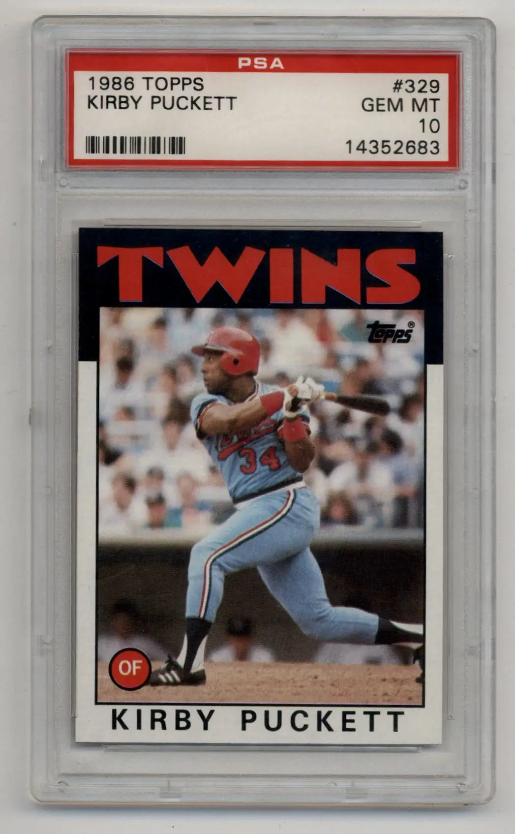 1986 Topps Kirby Puckett trading card in PSA 10 Gem Mint protective case